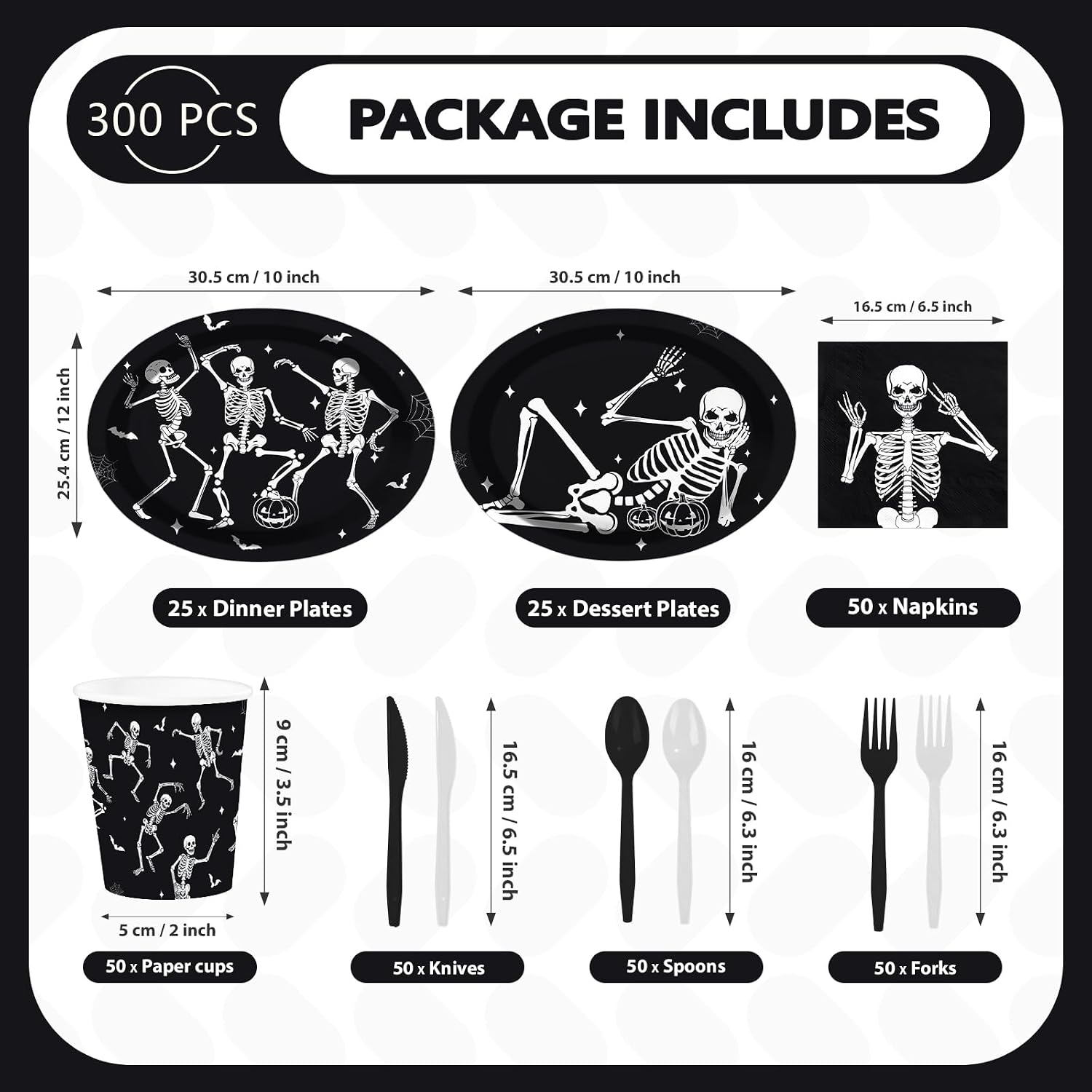 Package contents of the 300Pcs dancing skeleton party set