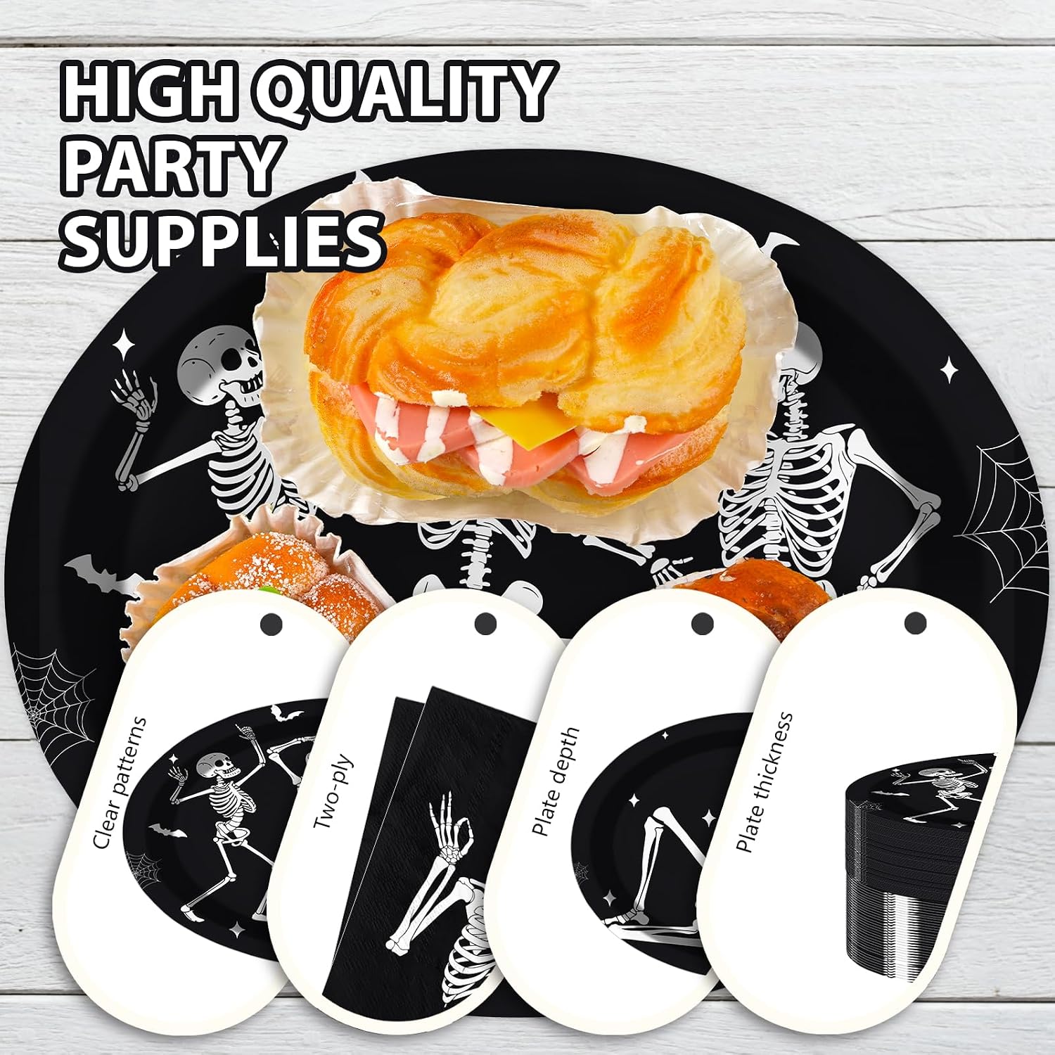 High quality black plates with white dancing skeleton artwork
