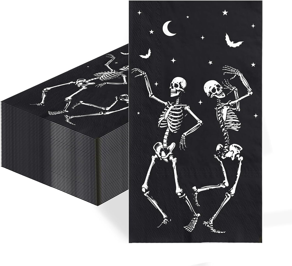 Black Halloween napkin printed with two white dancing skeletons