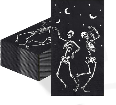 Black Halloween napkin printed with two white dancing skeletons