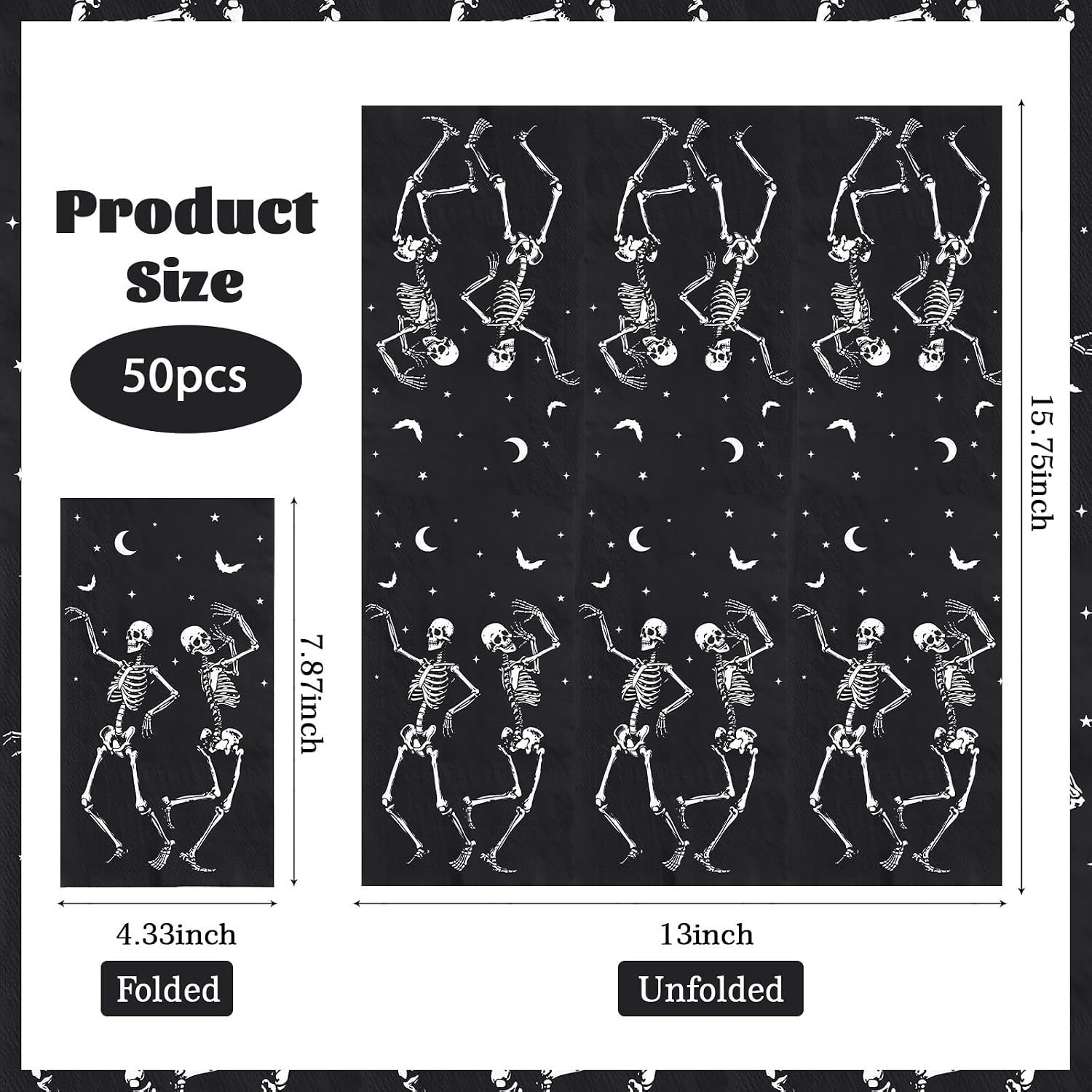 Close up of the dancing skeleton artwork on a black Halloween napkin