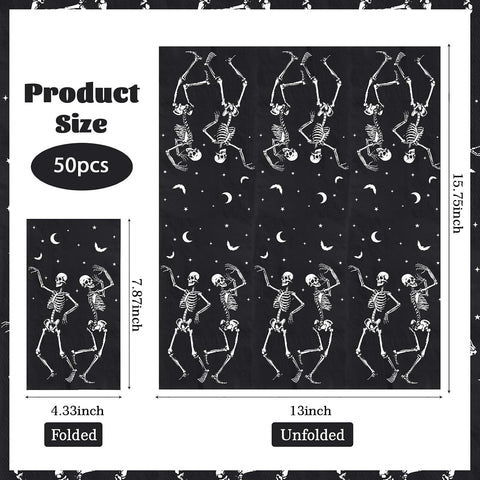 Close up of the dancing skeleton artwork on a black Halloween napkin