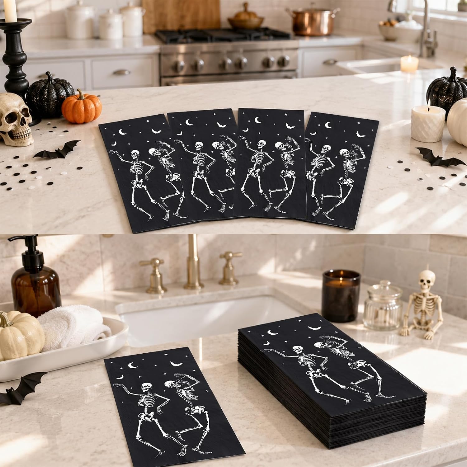 Day of the Dead skeleton napkins arranged for a themed party