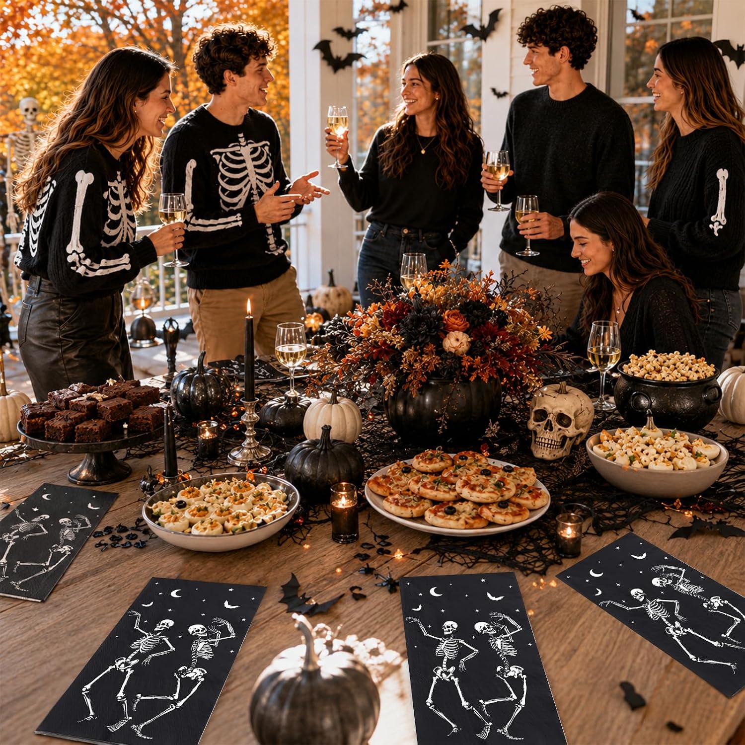 Black and white skeleton guest napkins set out for Halloween guests