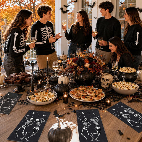 Black and white skeleton guest napkins set out for Halloween guests