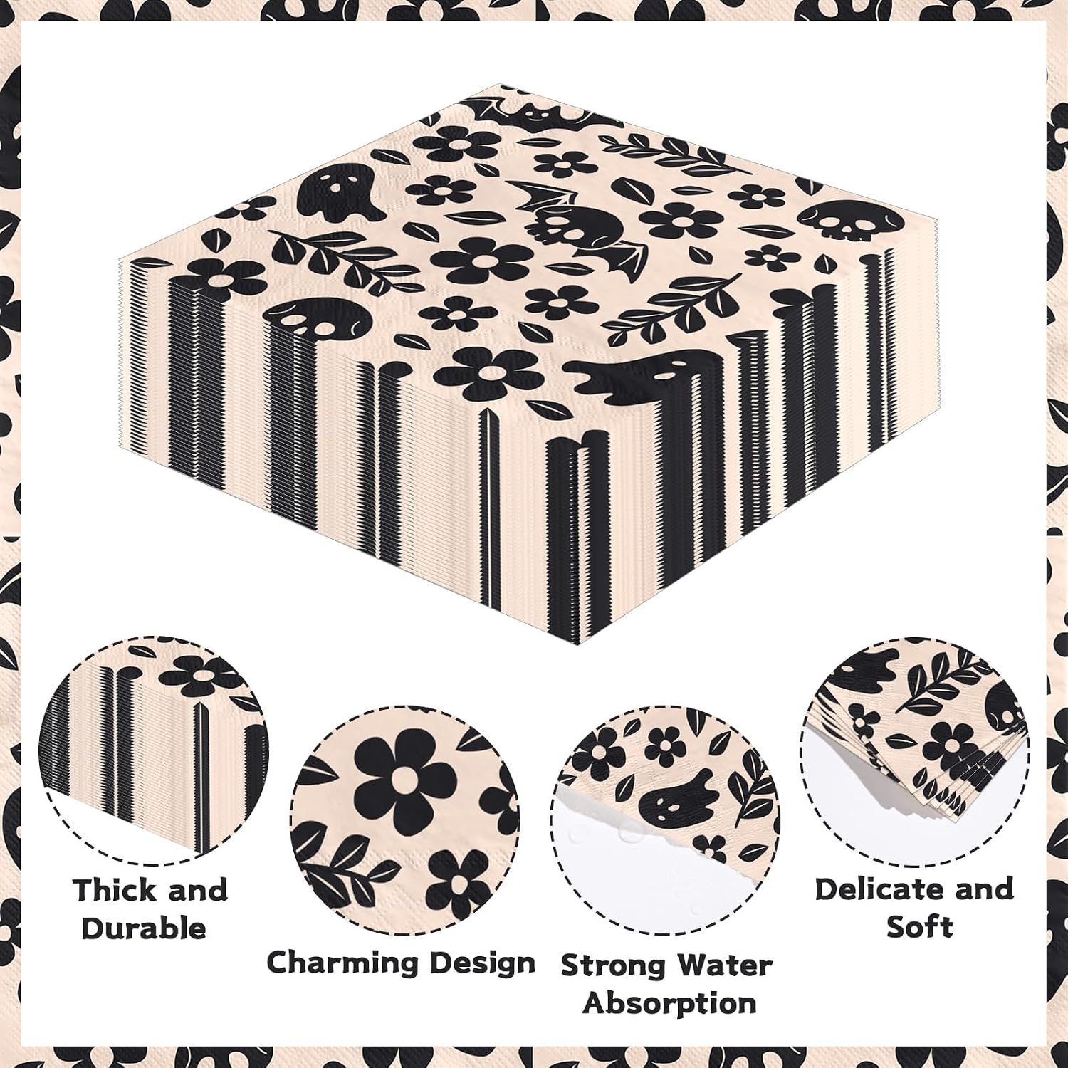 Packaging and close up of the 3 ply skeleton napkins