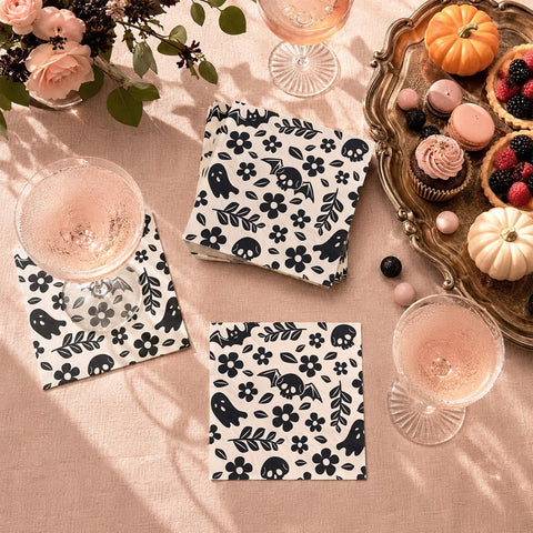 Halloween cocktail napkins on a marble drinks table