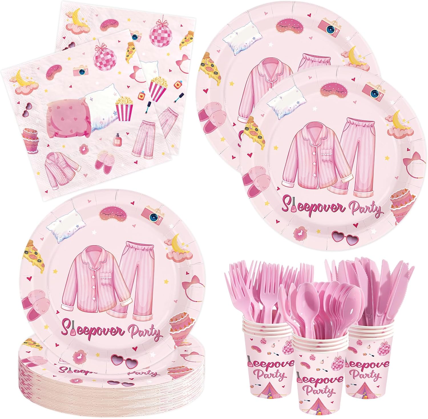 144Pcs Sleepover Pajama Birthday Party Supplies Serves 24 - Grencian