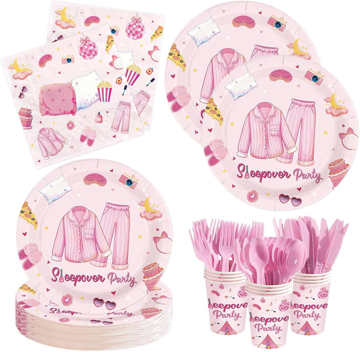 144Pcs Sleepover Pajama Birthday Party Supplies Serves 24 - Grencian
