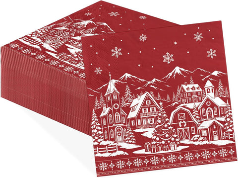 50Pcs Red Snow House Christmas Napkins 6.5x6.5 - Grencian