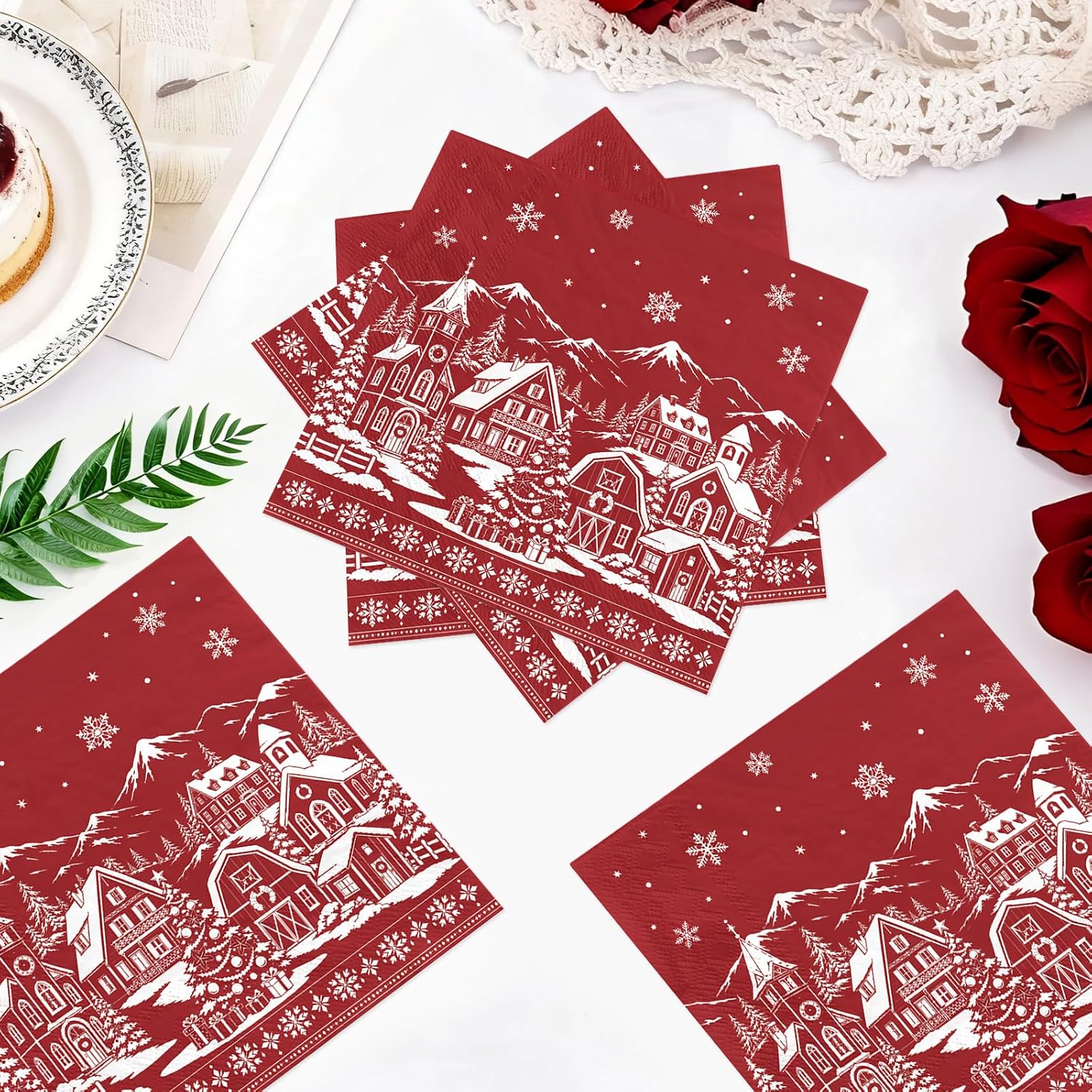 50Pcs Red Snow House Christmas Napkins 6.5x6.5 - Grencian
