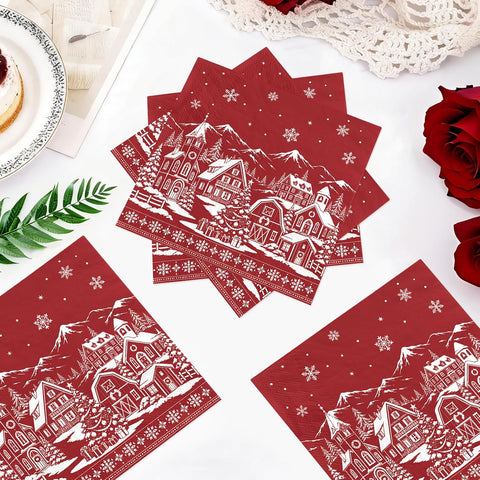 50Pcs Red Snow House Christmas Napkins 6.5x6.5 - Grencian