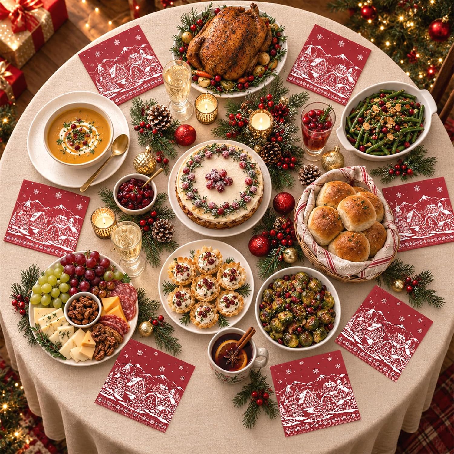 50Pcs Red Snow House Christmas Napkins 6.5x6.5 - Grencian
