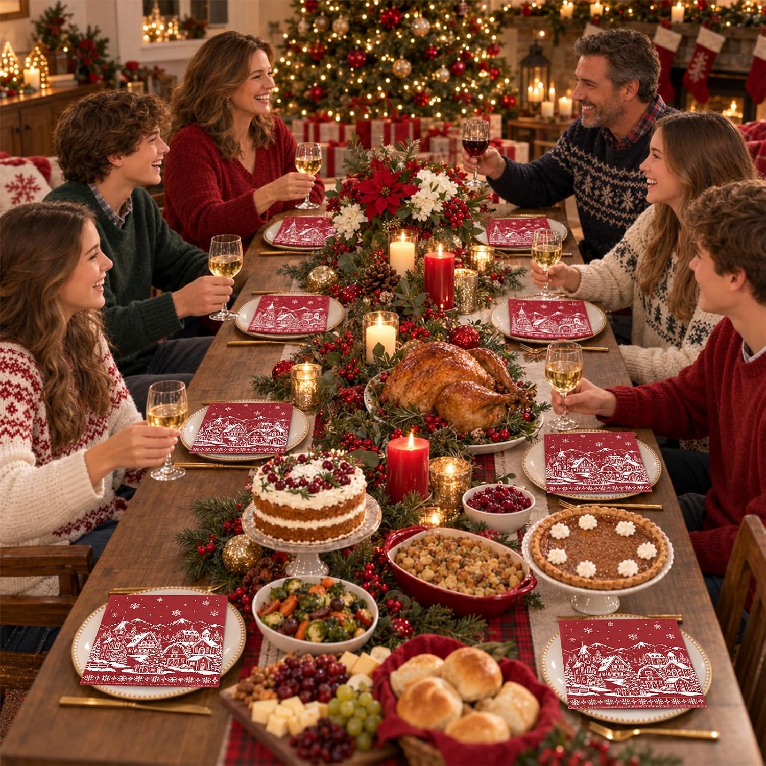 50Pcs Red Snow House Christmas Napkins 6.5x6.5 - Grencian