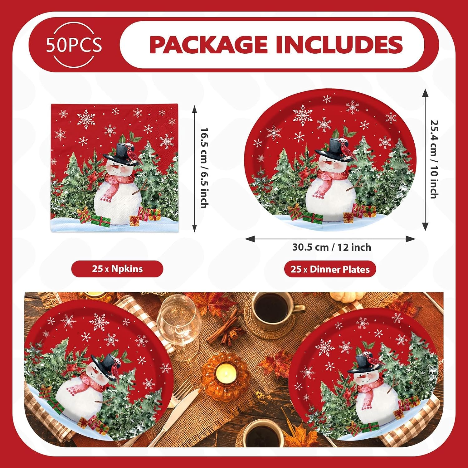 50Pcs Snowman Oval Plates and Napkins Set 10x12 - Grencian