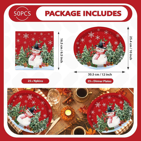 50Pcs Snowman Oval Plates and Napkins Set 10x12 - Grencian