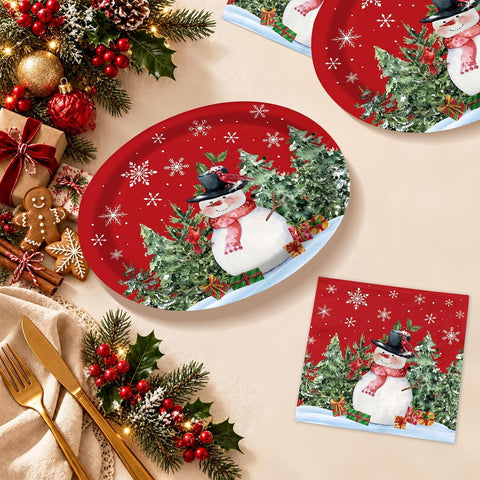 50Pcs Snowman Oval Plates and Napkins Set 10x12 - Grencian