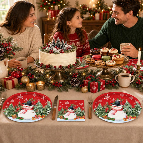 50Pcs Snowman Oval Plates and Napkins Set 10x12 - Grencian