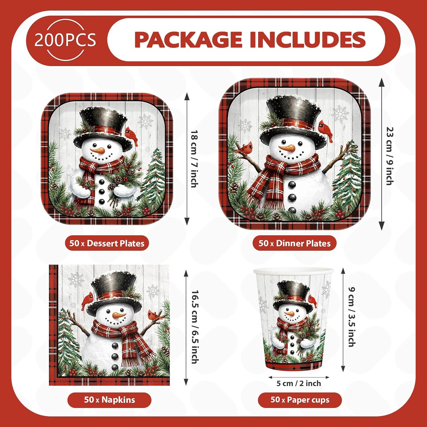 200Pcs Snowman Christmas Plates and Napkins Serves 50 - Grencian