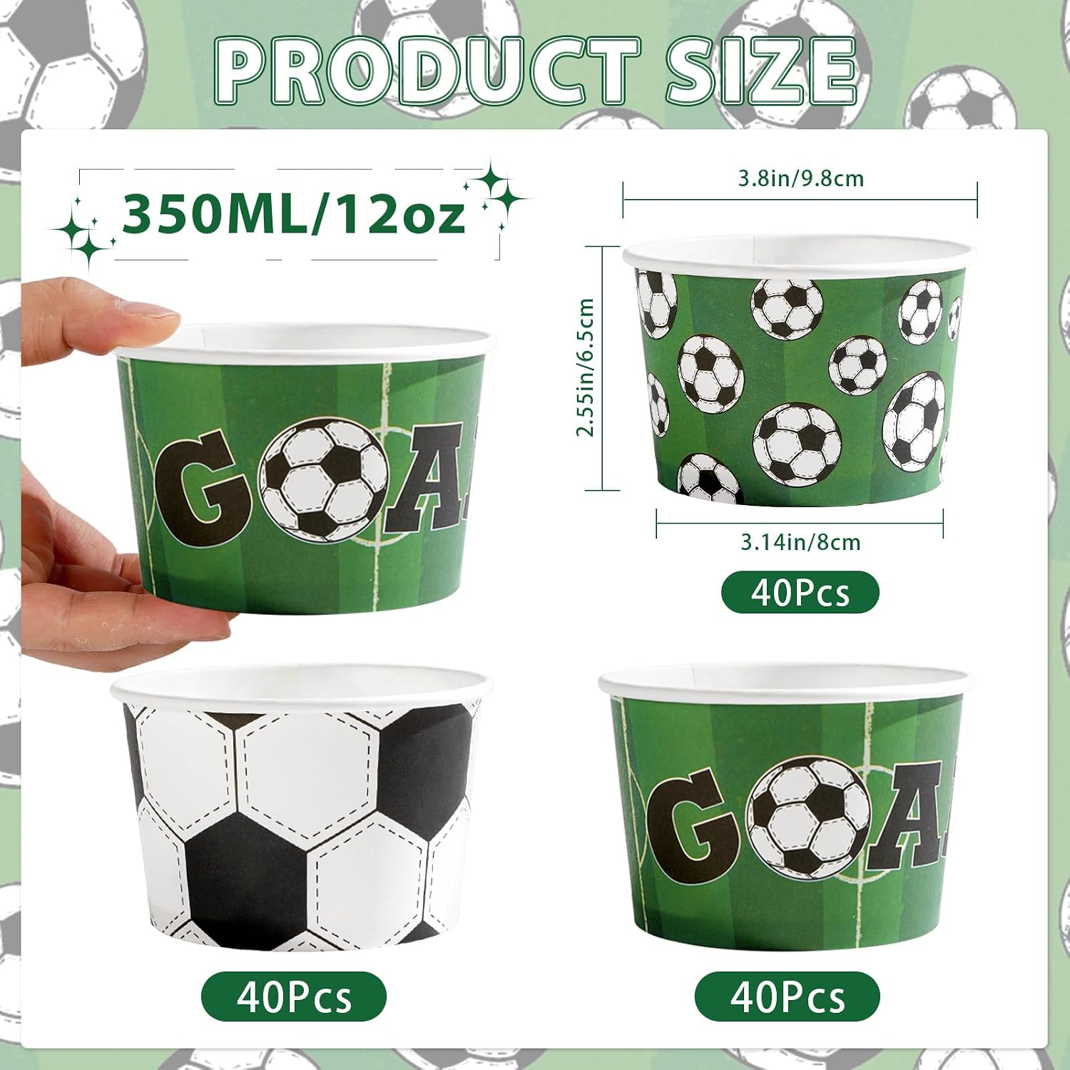 Stack of soccer themed 12oz disposable ice cream dessert cups