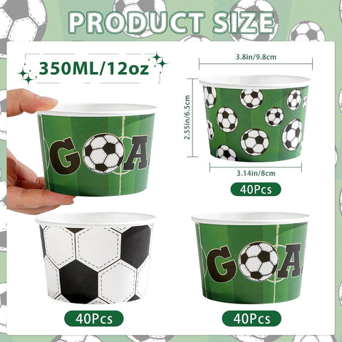 Stack of soccer themed 12oz disposable ice cream dessert cups