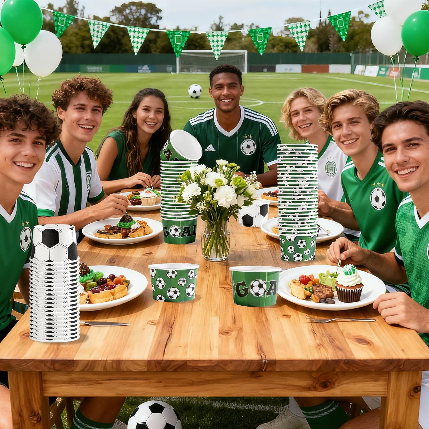 Sports birthday party scene with soccer themed snack cups