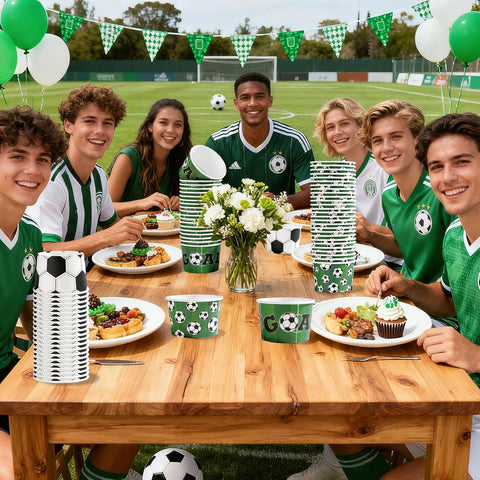 Sports birthday party scene with soccer themed snack cups