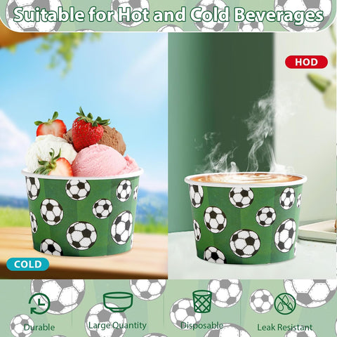 Soccer ice cream cups filled with dessert and snacks on party table