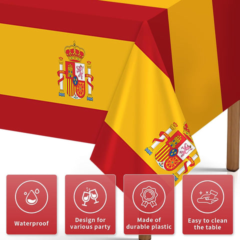 Close-up of Spanish flag plastic tablecloth with fiesta design