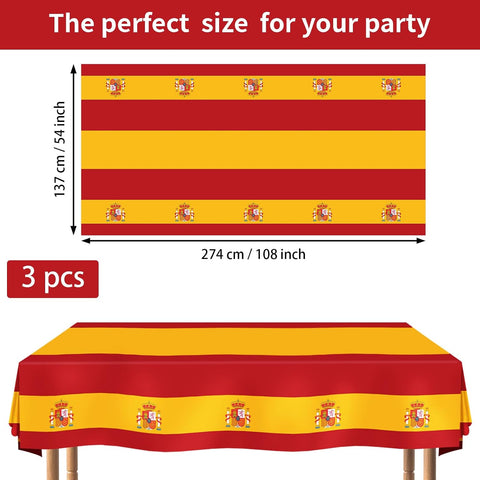 Flat lay of three Spain flag tablecloths with Spanish pattern