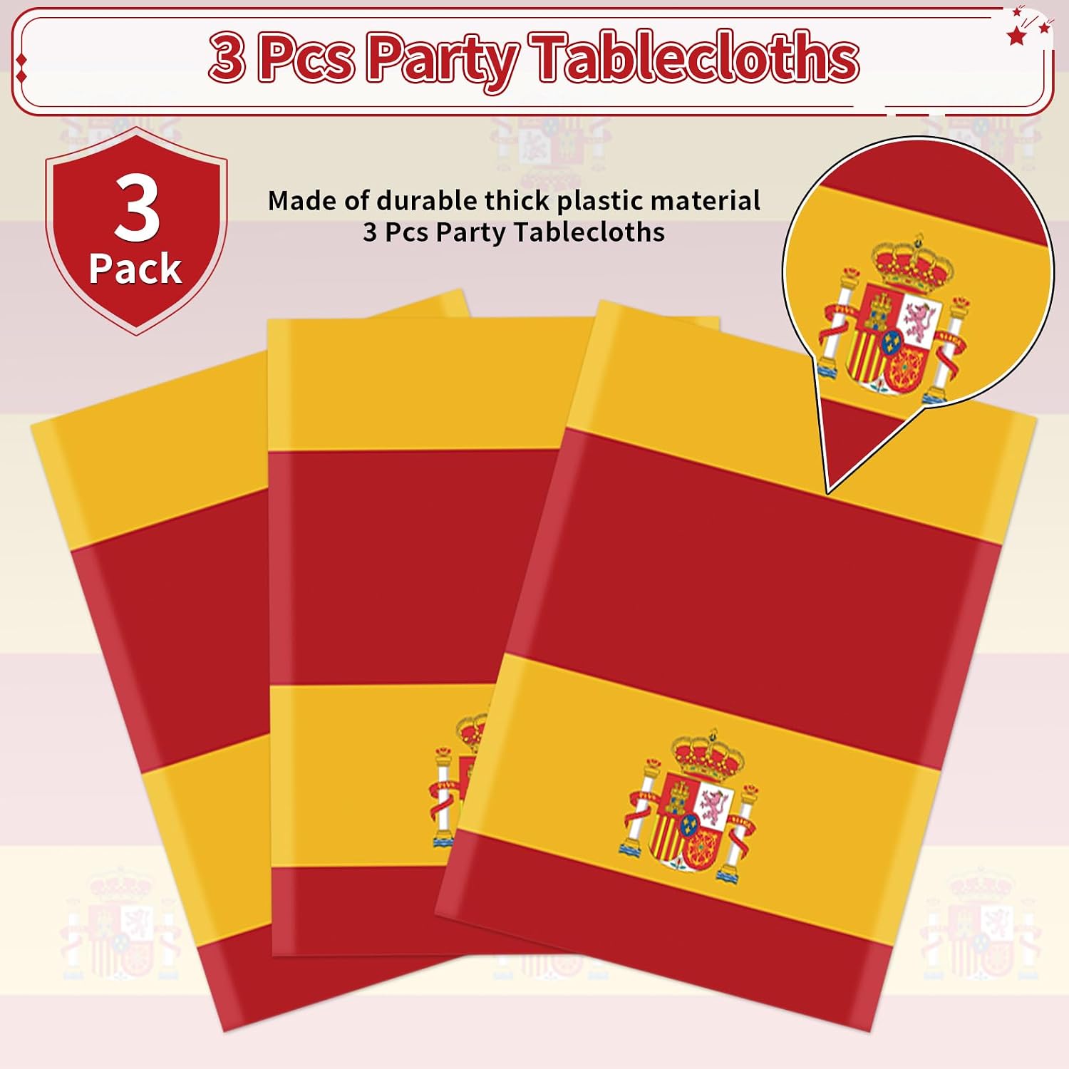Spain flag tablecloth draped on party table with Spanish decorations