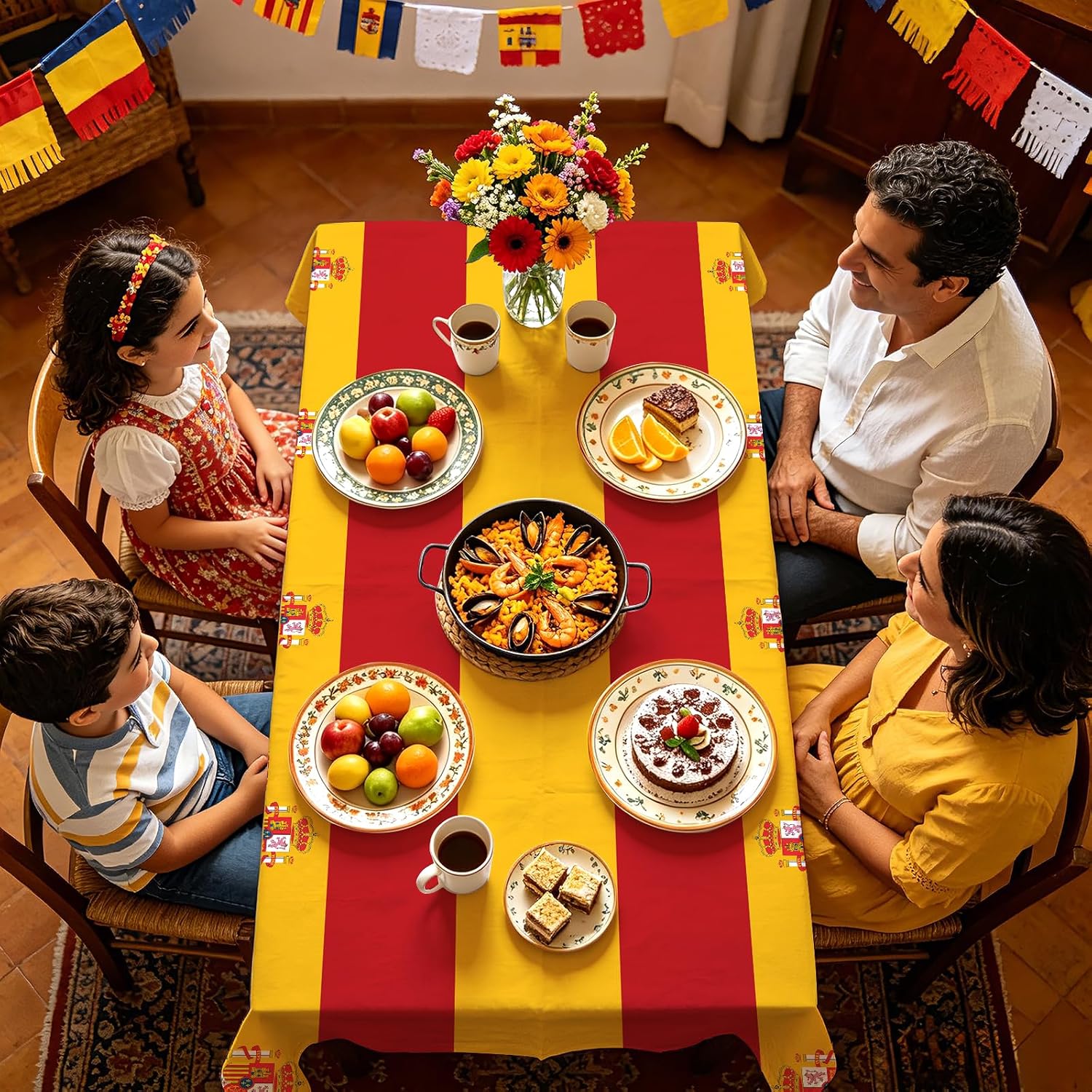 Package contents infographic showing 3 Grencian Spain tablecloths