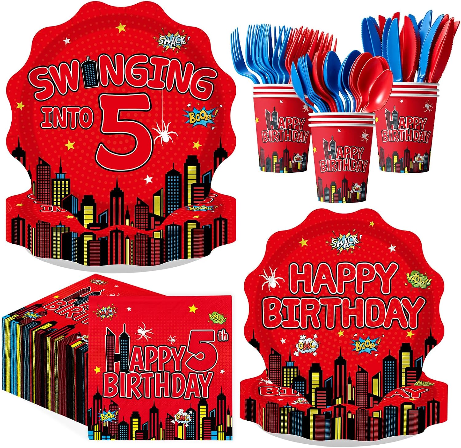 Greencian 168-piece cartoon spider 5th birthday party supplies with red blue tableware