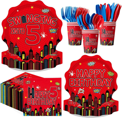 Greencian 168-piece cartoon spider 5th birthday party supplies with red blue tableware