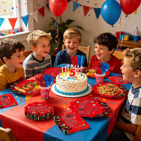Five years old superhero party scene with spider tableware