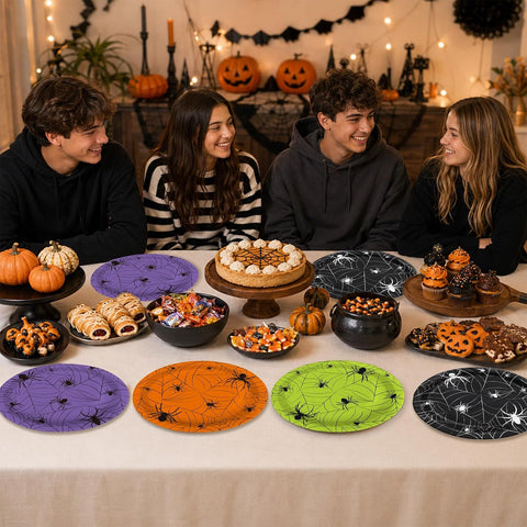 Halloween table styled with the spider web plates