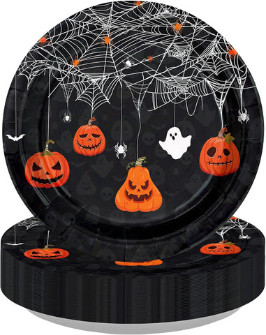 Grencian 50Pcs Halloween Spiderweb Pumpkin Paper Plates 9 Inch