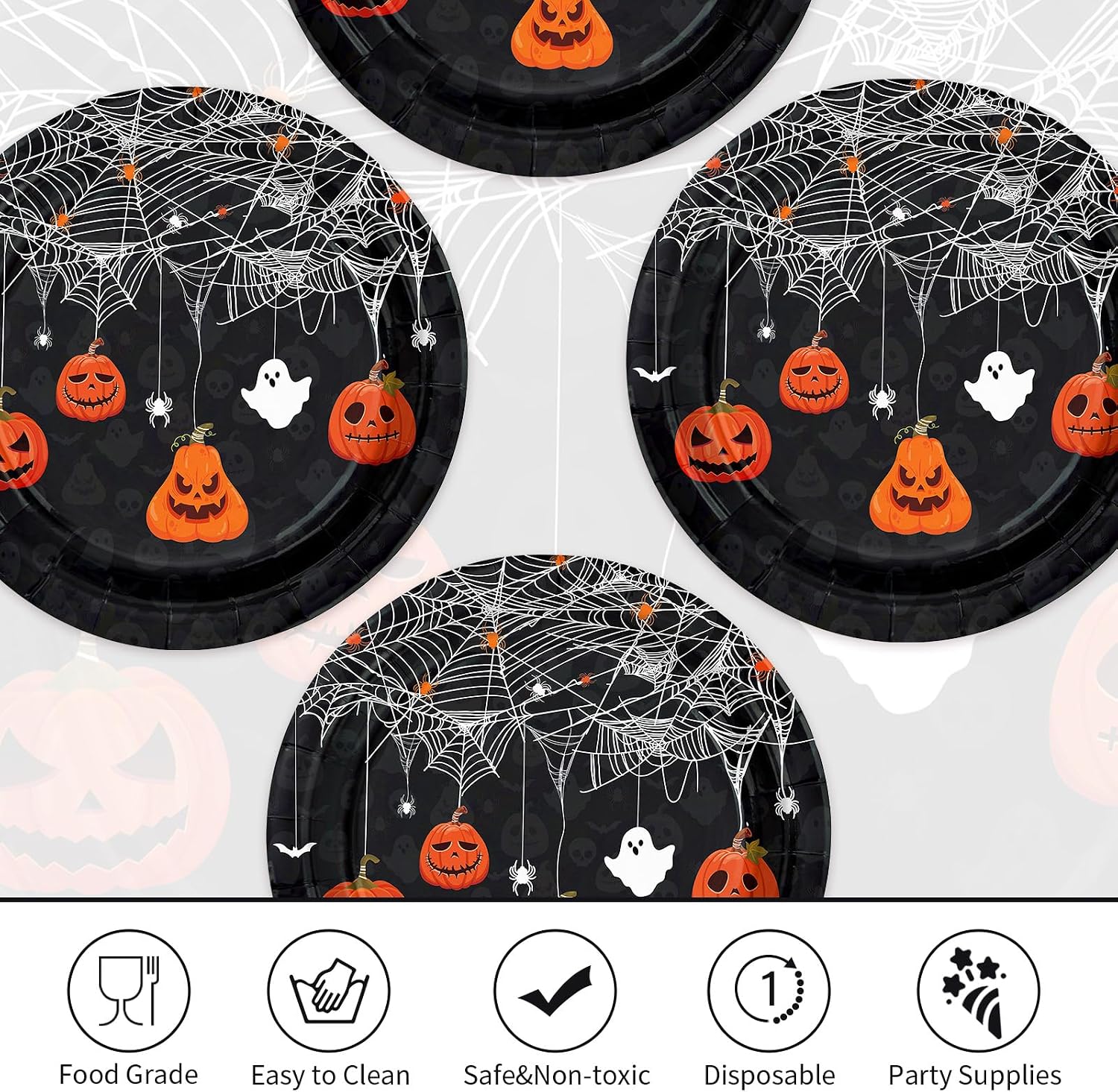 Full stack of 50 Halloween spiderweb pumpkin plates