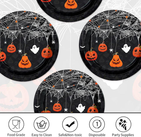 Full stack of 50 Halloween spiderweb pumpkin plates