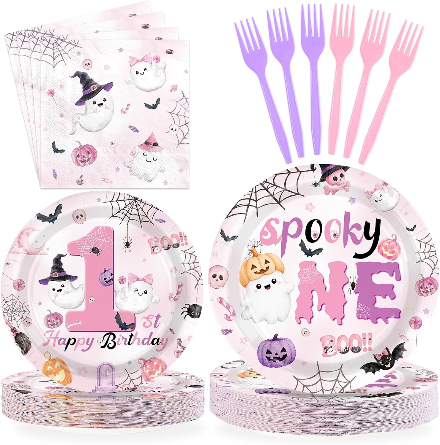 Grencian 96Pcs Halloween Spooky One 1st Birthday Set