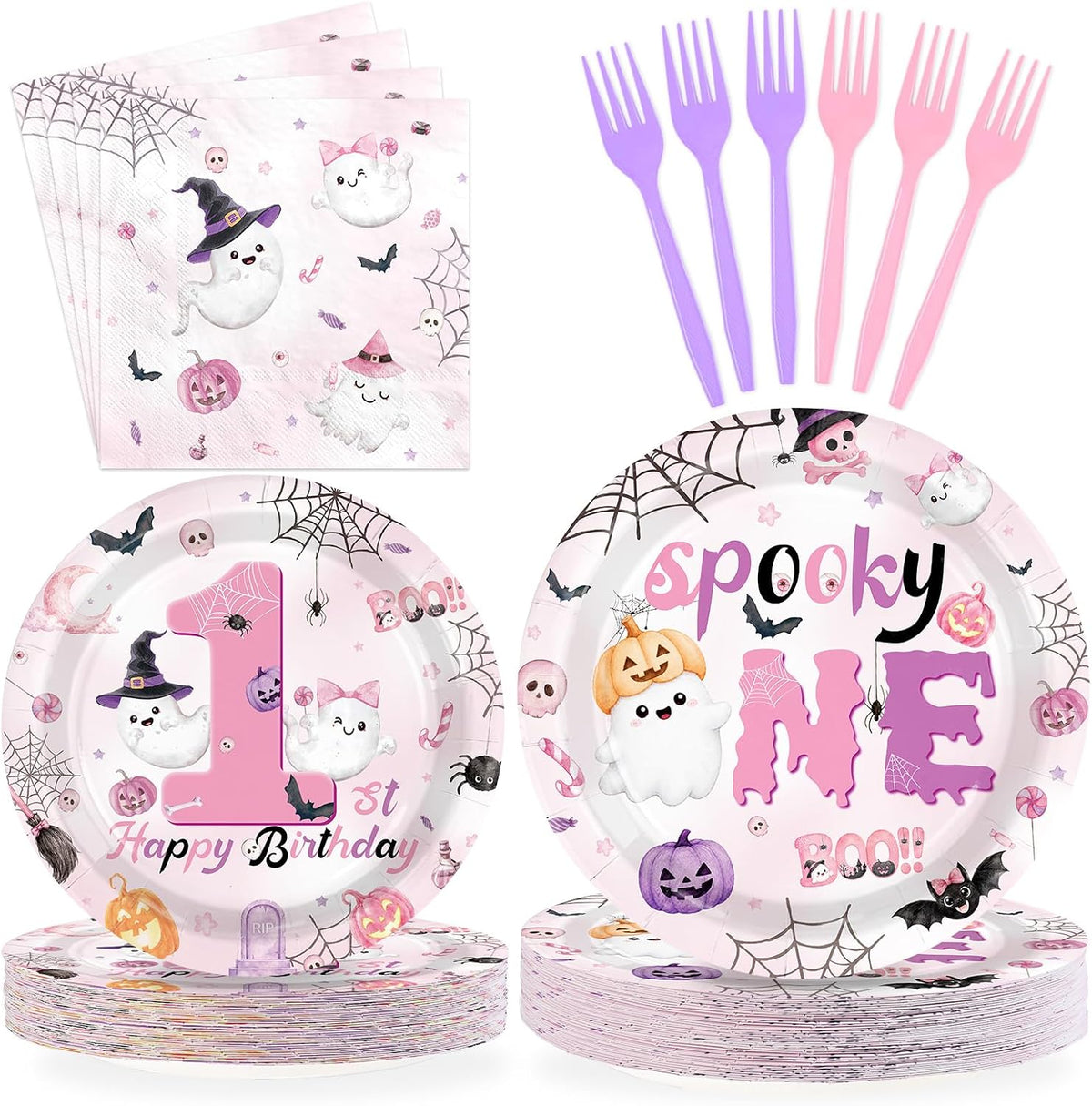 Grencian 96Pcs Halloween Spooky One 1st Birthday Set
