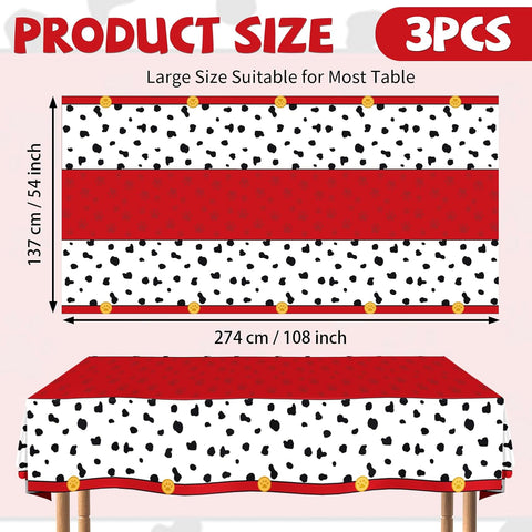 Flat lay of three spotted dog tablecloths with paw print pattern