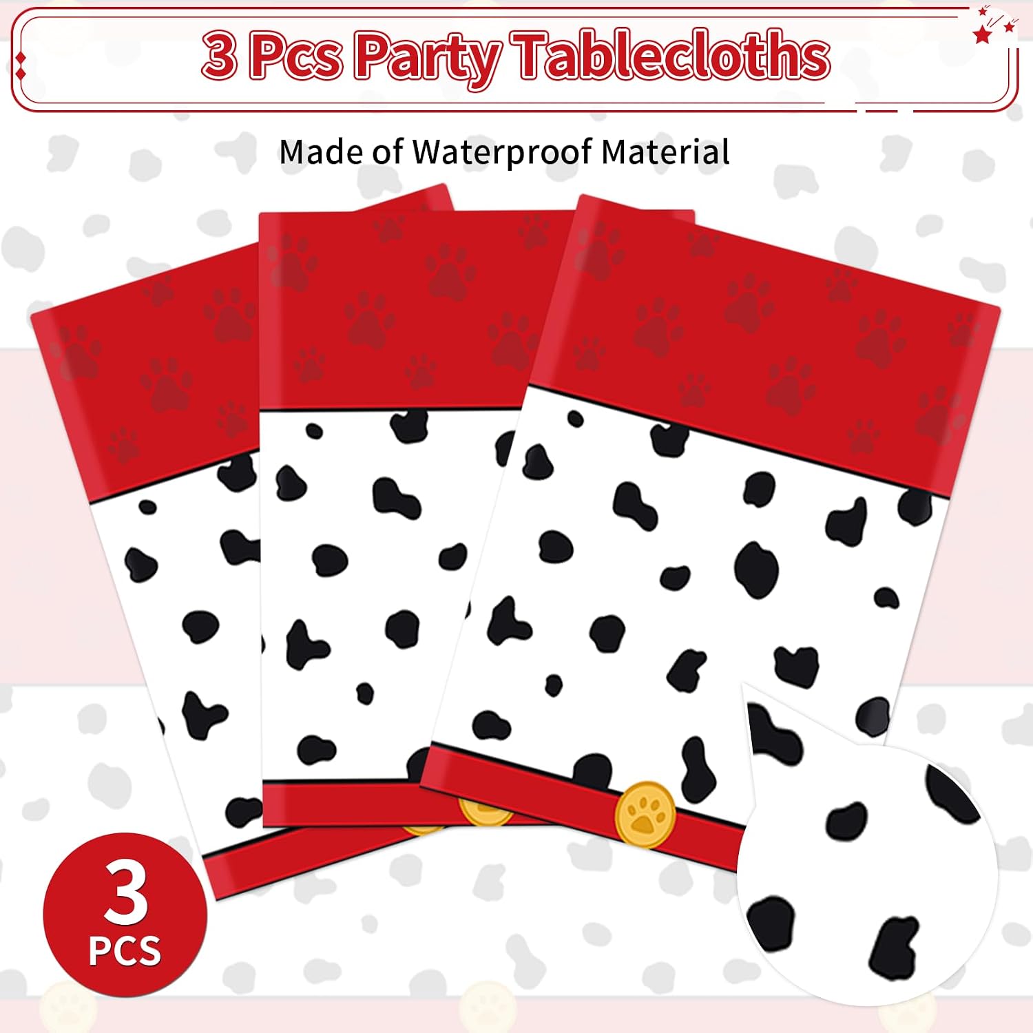 Spotted dog tablecloth draped on party table with puppy themed decorations