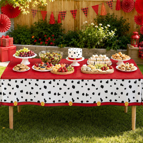 Boys girls birthday baby shower party scene with spotted dog tablecloth