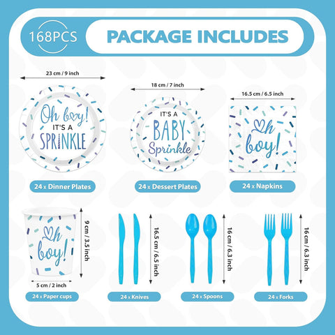 168Pcs Baby Sprinkle Boy Shower Party Supplies Serves 24 - Grencian