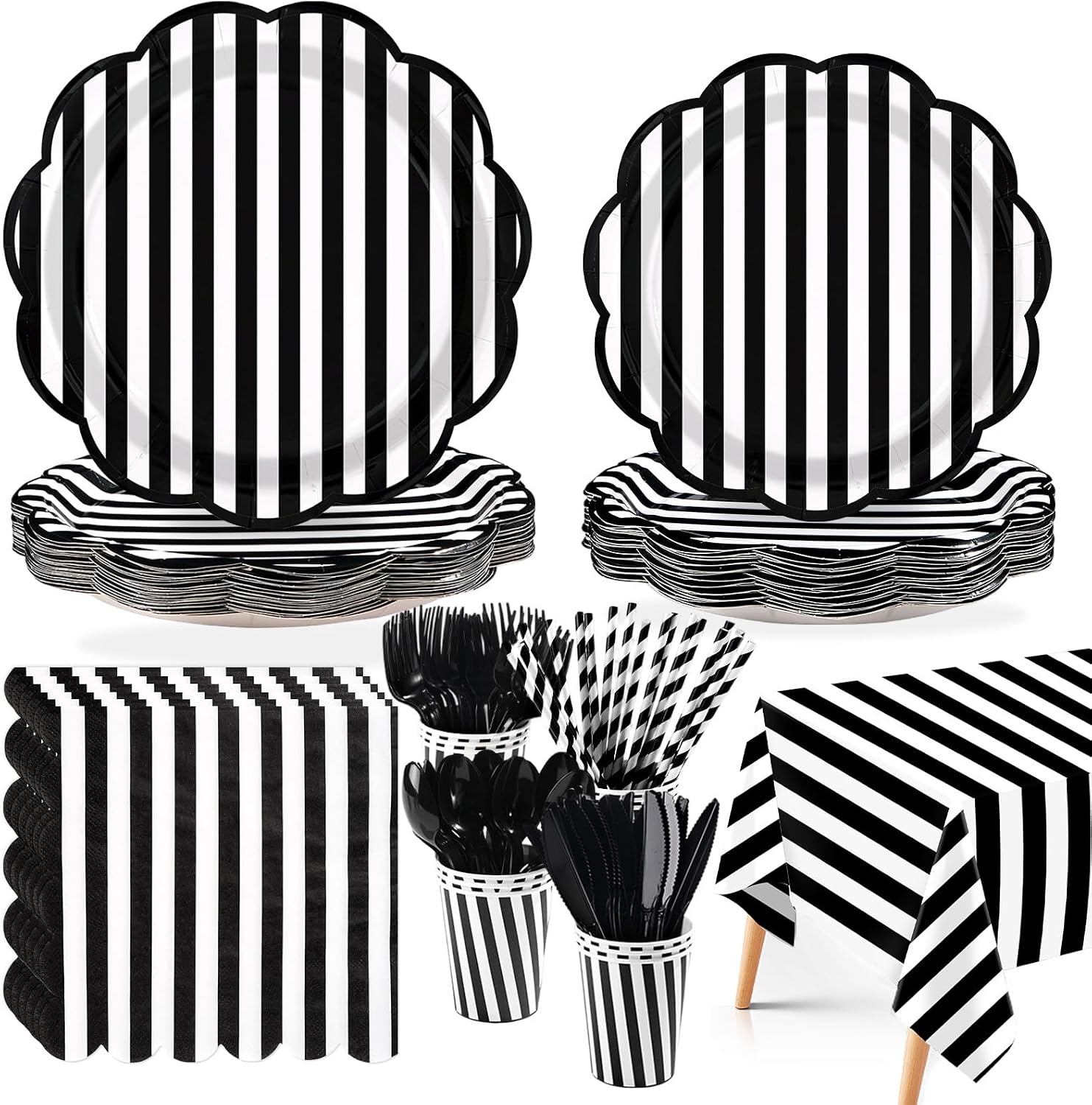 Greencian 194-piece black and white striped party supplies with scalloped tableware