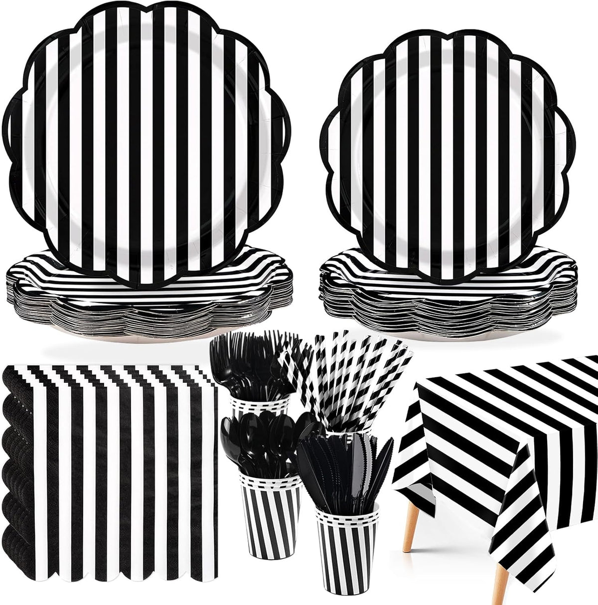 Greencian 194-piece black and white striped party supplies with scalloped tableware