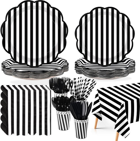 Greencian 194-piece black and white striped party supplies with scalloped tableware