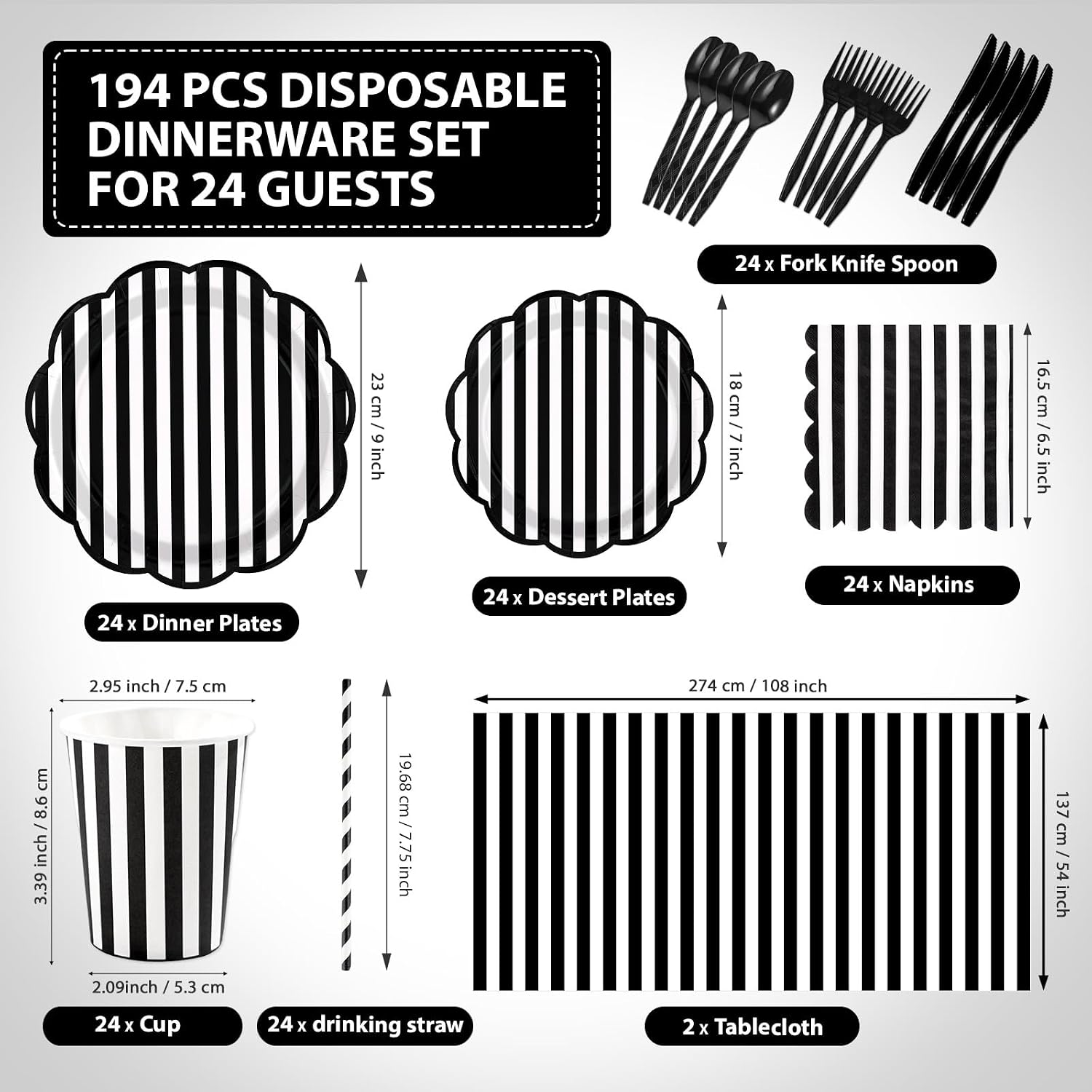 Full set of black white stripes plates napkins cups cutlery flat lay