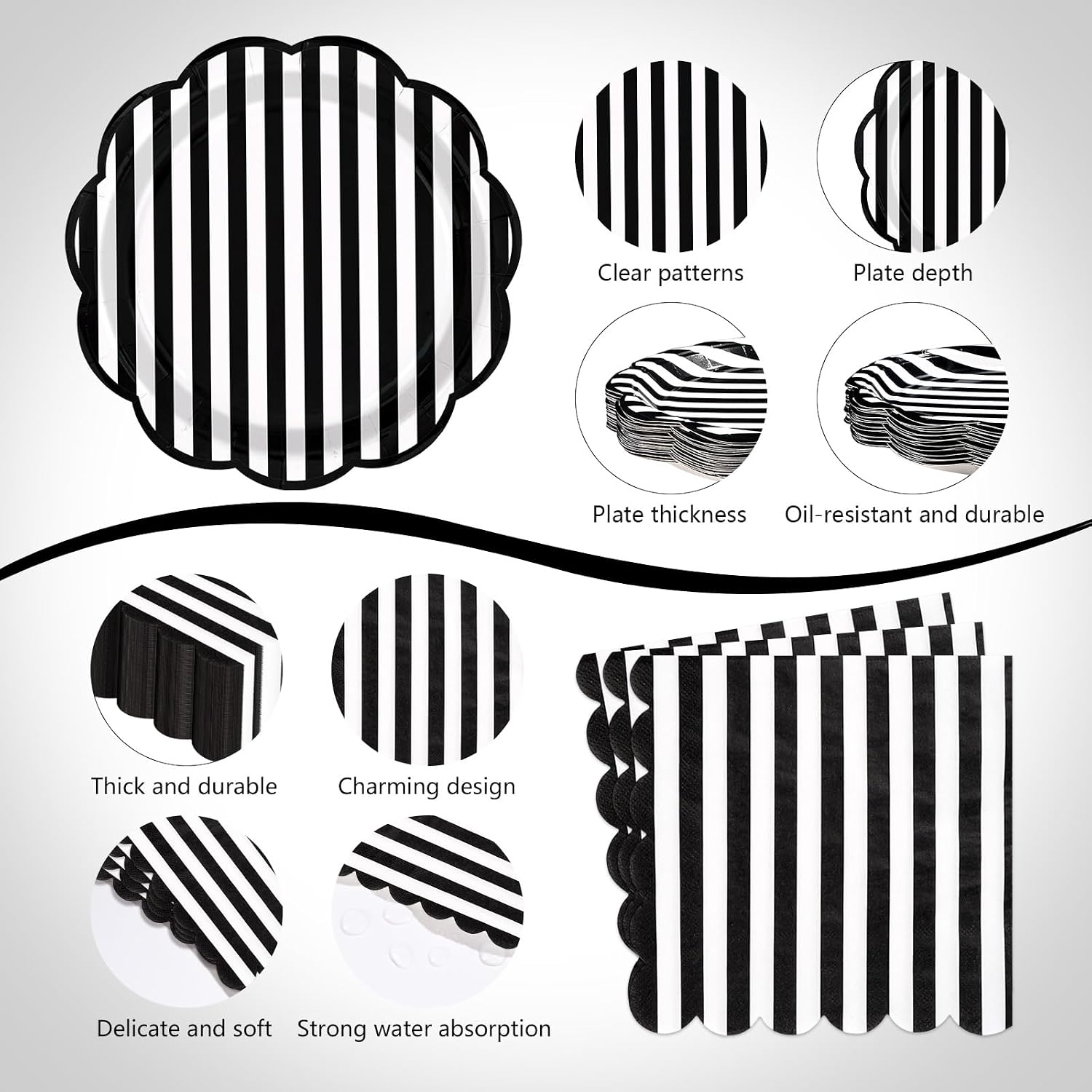 Close-up of black white striped scalloped paper plate